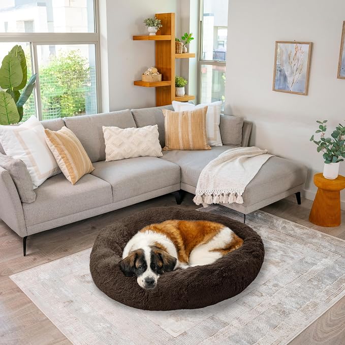 Best Friends by Sheri The Original Calming Donut Dog Bed for Extra-Large Dogs up to 150 lbs, Shag Faux Fur, Dark Brown, 45" x 45"
