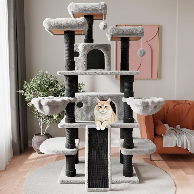 SHA CERLIN 68 Inches Multi-Level Large Cat Tree for Large Kitties/Big Cat Tower with Condo/Cozy Plush ‌Pussycat Perches/Sisal Scratching Posts and Hammocks/Activity Center/Black & Grey