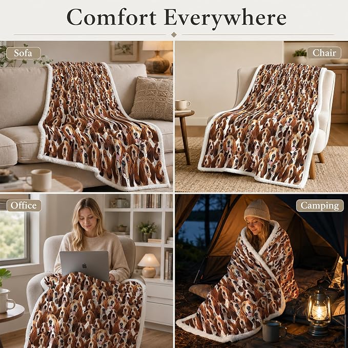 BlessLiving Bassett Hound Brown Throw Blanket with Dense Dog Patterns Sherpa Fleece Blanket Couch Bed, Soft Cozy Warm Pet Blankets for Puppy Lovers Cute Animal Print Gift 50x60 Inches