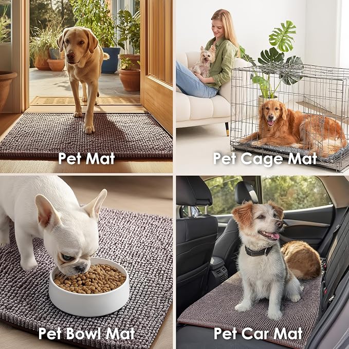 EHEYCIGA Super Absorbent Dog Door Mat for Muddy Paws 30x20 Inch Indoor, Front Doormat Outside Entrance, Quick Dry Chenille Washable Dog Crate Bed, Non-Slip Pet Rug Mud Mat Outdoor Entryway, Brown