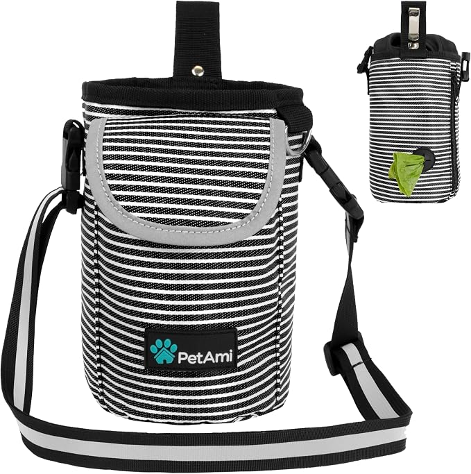 PetAmi Dog Treat Pouch, Large Hands-Free Training Bag, Stripe Black | Built-In Poop Bag Dispenser, Holds 3 Cups Of Treats, 4 Ways to Wear, D-Ring, Reflective Strap, Dog Treat Bag for Walking