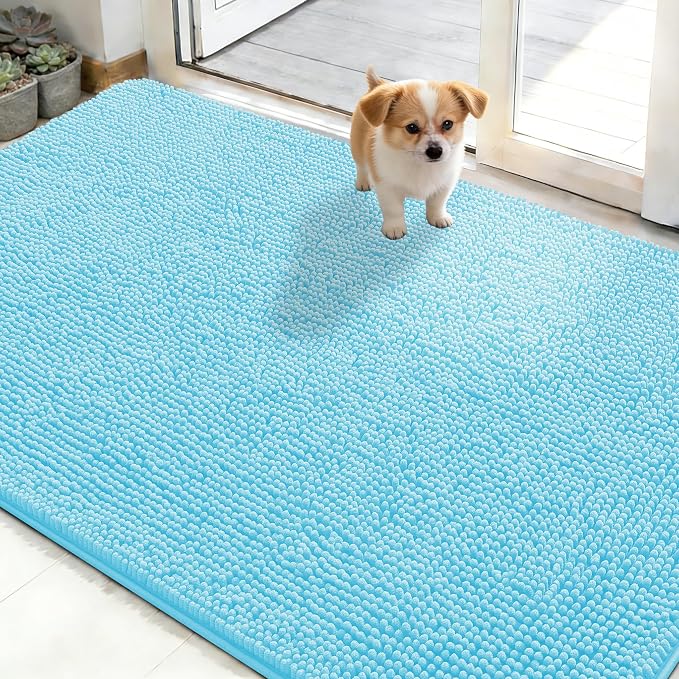 OLANLY Dog Door Mat for Muddy Paws 50x30, Super Absorbent Chenille Mud Mat | Blue, Absorbs Moisture and Dirt, Non-Slip Machine Washable Doormat, Quick-Drying Indoor Entryway Floor Carpet for Dogs