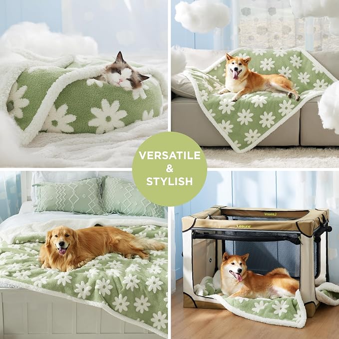 LE SURE Waterproof Dog Blanket for Medium Dogs - Washable Double Sided Dog Blankets with Warm Jacquard Shag and Soft Sherpa Fleece, Pet Cat Blanket for Couch Protection, 3D Textured Cloud, Green