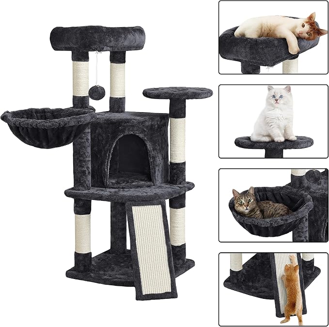 Topeakmart 42in Cat Tree Tower for Indoor Cats, Cat Condo with Perch & Hammock, Activity Center, Multi-Level Cat Furniture with Scratching Posts, Cat House, Black