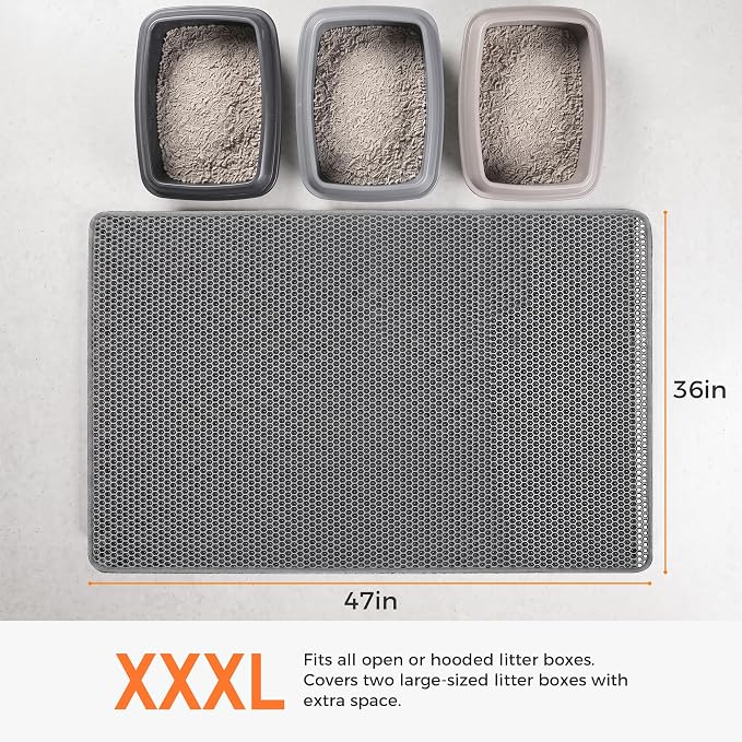 2Packs Cat Litter Mat 47"x36", XL Litter Mat for Litter Box Mat | Large Double Layer Honeycomb Cat Mat, Urine-Proof Soft kitty Cat Litter Trapping Mat, Easy Clean Rinse with Water Grey