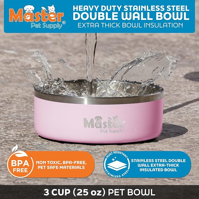 Master Pet Supply Stainless Steel Dog Bowls - 25 oz, Heavy Duty - Rose Quartz, Double Wall Extra-Thick Insulated, Non-Slip Pet Water Bowl for Dogs, Cats & Pets, Anti Rust Metal, Dish Washer Safe