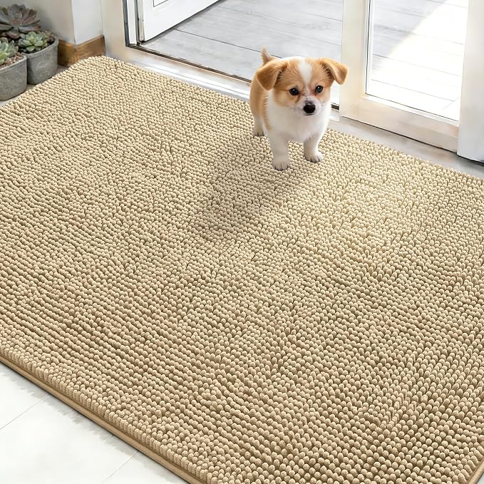 OLANLY Dog Door Mat for Muddy Paws 50x30, Super Absorbent Chenille Mud Mat | Beige, Absorbs Moisture and Dirt, Non-Slip Machine Washable Doormat, Quick-Drying Indoor Entryway Floor Carpet for Dogs