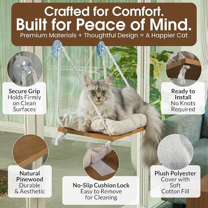 Cat Window Perch, Indoor Hammock Bed with Solid Pine Wood, 4 Industrial-Grade Suction Cups, Window Hammock with Soft Cushion for Cats, Space Saving Design