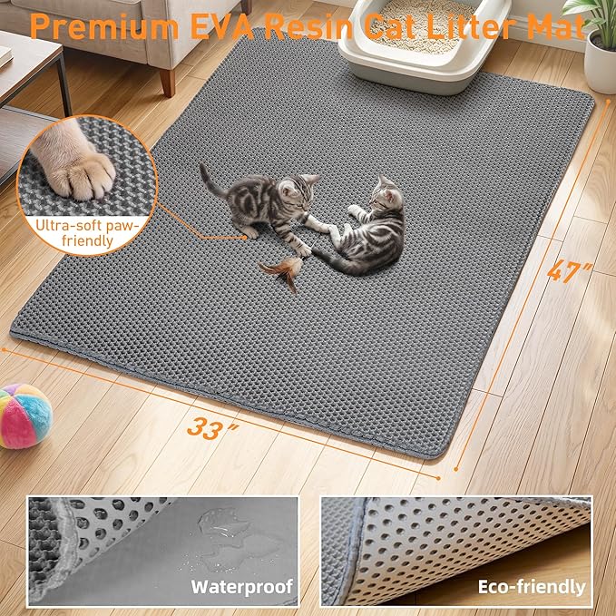 Cat Litter Mat 47"x33" Urine-Proof XL Litter Mat for Litter Box Mat | Large Double Layer Honeycomb Cat Mat, Soft kitty Cat Litter Trapping Mat, Easy Clean Rinse with Water Litter Trapping Grey