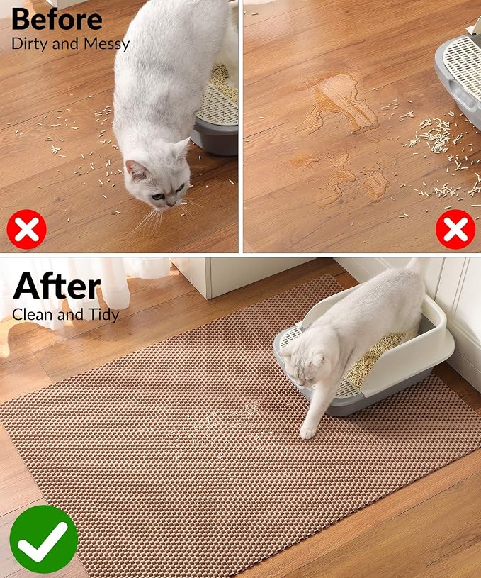 Cooyes Cat Litter Mat - Cut to Fit Any Place, 40"x28" Large Litter Trapping Mat for Litter Box, Easy to Clean, Waterproof & Non-Slip Kitty Pad, Scatter Control to Protect the Floor (Khaki)