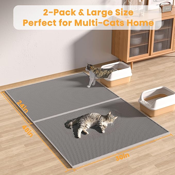 Pieviev 2 Packs Cat Litter Mat Double Layer Waterproof Urine Proof Trapping Mat (30''X24'', Gray) | Waterproof Urine Resistant Layer Litter Box Mat, Easy Collection, Soft on Kitty Paws, Gray Color for Indoor Cats