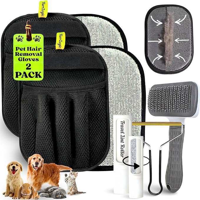 Pet Hair Removal Glove (2PK) - Self Cleaning Cat Hair Brush & Dog Brush - Travel Lint Roller - Furniture Rake for a Clean Home & Happy Pets!