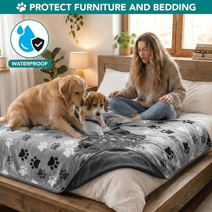 PetAmi Waterproof Dog Blanket for Couch, Pee Proof Reversible Cat Blanket for Sofa Bed Furniture Protector, Soft Fleece Washable Pet Throw for Dogs Cats Puppies Kittens, 60x80 Paw Print Gray