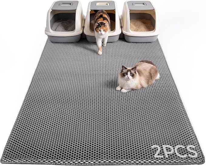 2Packs Cat Litter Mat 47"x36", XL Litter Mat for Litter Box Mat | Large Double Layer Honeycomb Cat Mat, Urine-Proof Soft kitty Cat Litter Trapping Mat, Easy Clean Rinse with Water Grey
