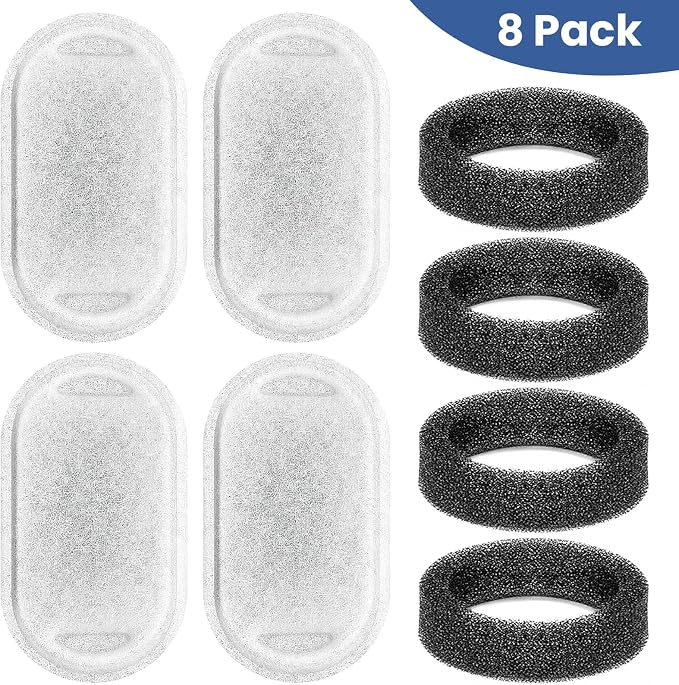 Cat Water Fountain Filter, 4 Pcs Cat Filters Replacement Pet Water Fountain Filters with 4 Pcs Sponges Foam for 67oz/2L & 108oz/3.2L Stainless Steel Automatic Cat Water Fountain Dispenser Filters
