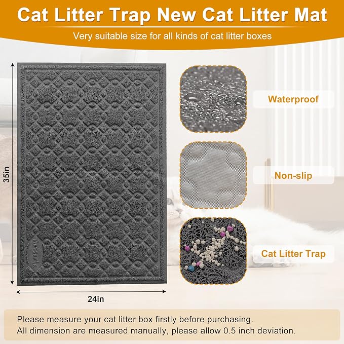 Cat Litter Box Mat, 35" x 24" Large Kitty Litter Trapping Mat Keep Floor Clean, Litter Box Mat Scatter Control, Waterproof, Easy to Clean, Durable Large Size Litter Mats for Floor