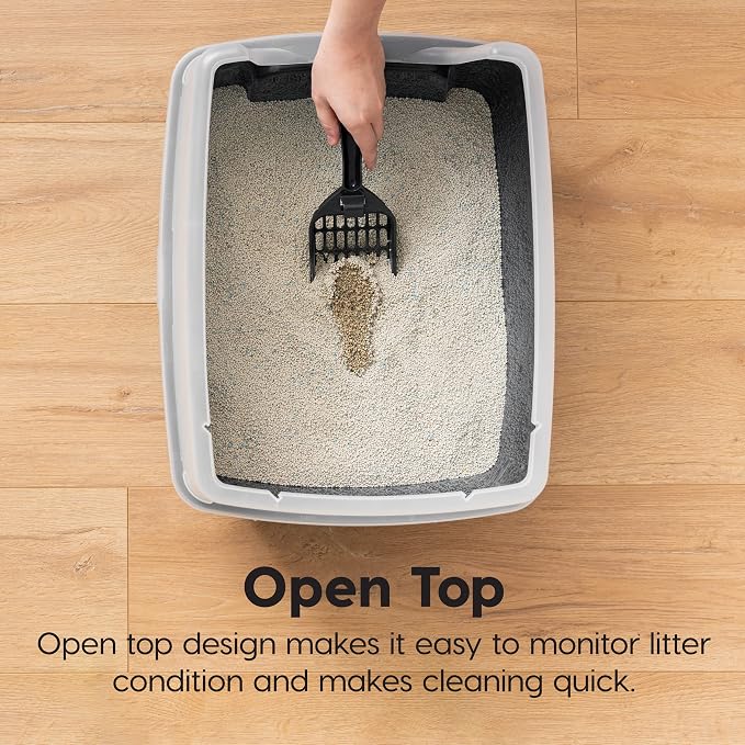 IRIS USA Large Open Top Cat Litter Box with High Sides, Scatter Shield & Scoop, Black - Easy Clean Plastic Litter Pan for Indoor Cats, Kittens or Multicat Homes
