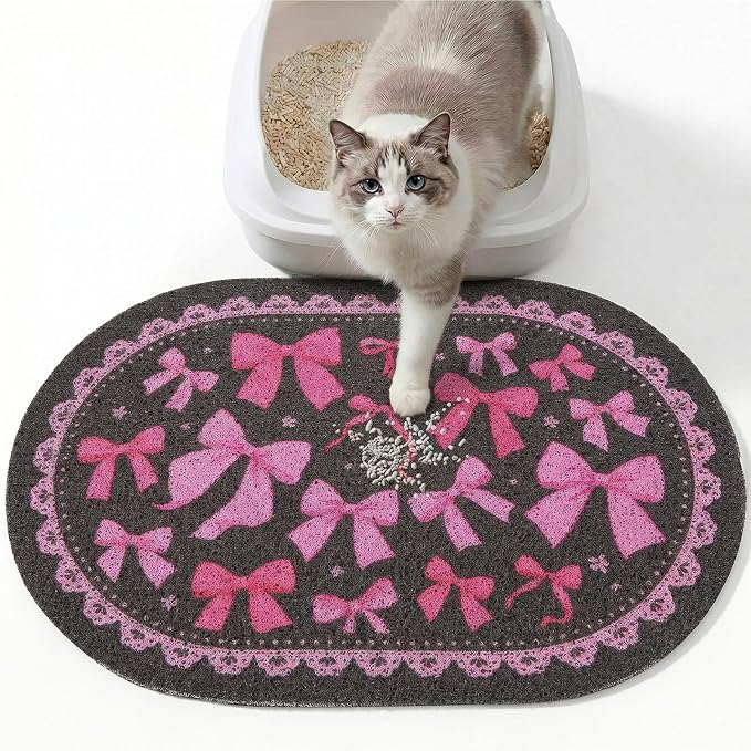 Bienbee Cat Litter Mat, 24" x 15" Litter Box Mat Rug with Non-Slip Bottom,Urine and Water Proof, Easy to Clean Cat Supplies Essentials for Indoor Kitty Kitten Floor, Pink Bow M