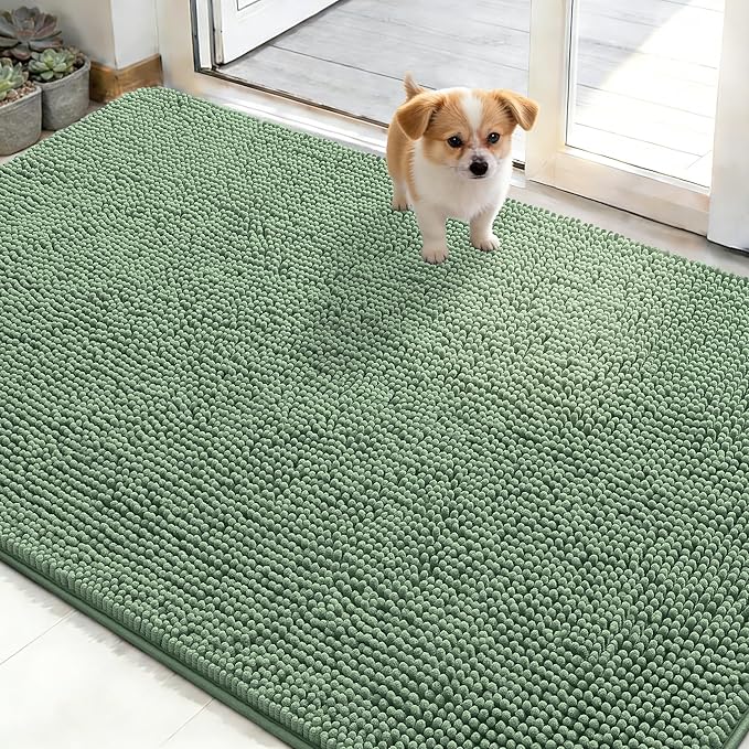 OLANLY Dog Door Mat for Muddy Paws 50x30, Super Absorbent Chenille Mud Mat | Olive Green, Absorbs Moisture and Dirt, Non-Slip Machine Washable Doormat, Quick-Drying Indoor Entryway Floor Carpet for Dogs