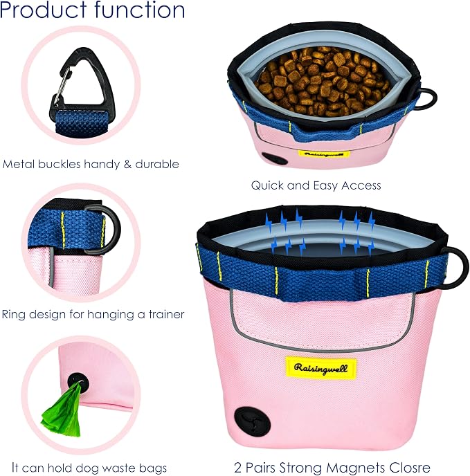 Raisingwell Dog Treat Pouch for Pet Walking and Training with Clicker 2 Cup Silicone Bag Small Fanny Pack Holder for Puppy Snack Dispenser Kit for Leash and Outdoor Use (Pink)