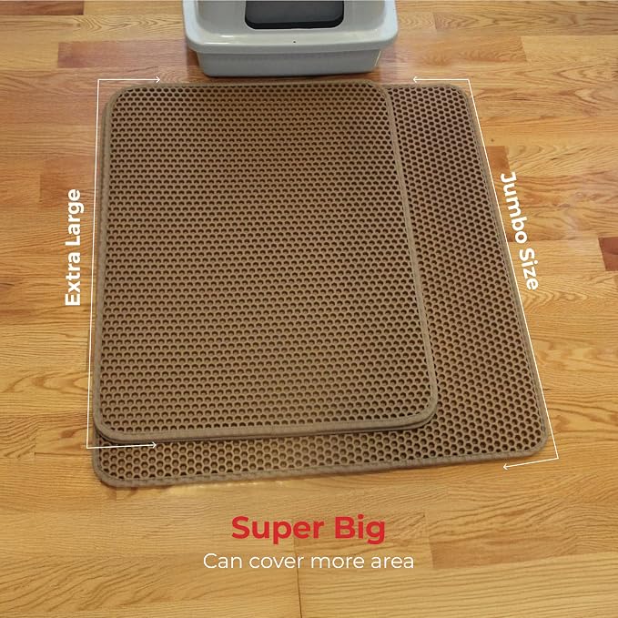 iPrimio Cat Litter Trapper Mat, Waterproof, Double Layer, 32" x 30", Brown | Double layer honeycomb traps scattered litter while the waterproof base blocks urine. Soft on paws and empties in one pour.