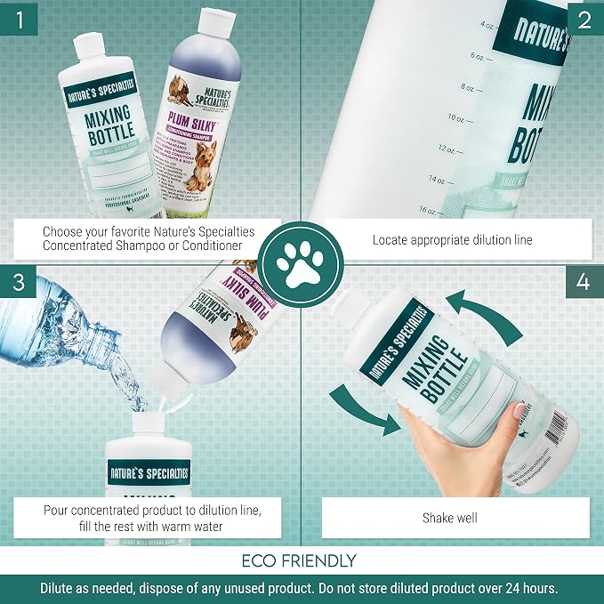 Nature's Specialties Mixing Bottle and Dog Shampoo Concentrate Bundle, Easy to Read Measurements Mixing Bottle 32 oz, Plum Silky Dog Shampoo Conditioner Concentrate 16 oz