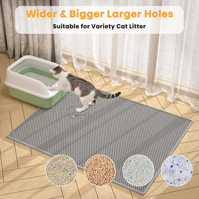Pieviev 2 Packs Cat Litter Mat Double Layer Waterproof Urine Proof Trapping Mat (30''X24'', Gray) | Waterproof Urine Resistant Layer Litter Box Mat, Easy Collection, Soft on Kitty Paws, Gray Color for Indoor Cats