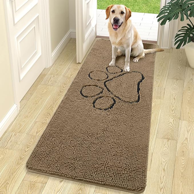 OLANLY Dog Door Mat for Muddy Paws 70x24, Paw Print Design Chenille Mud Mat | Tan, Super Absorbent, Traps Moisture and Dirt, Non-Slip Washable Doormat, Quick-Drying Indoor Entryway Floor Carpet for Dogs