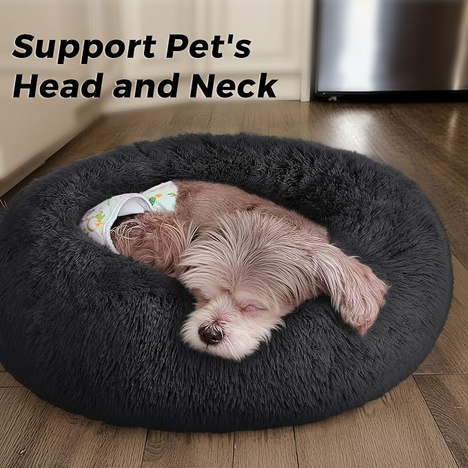 Calming Round Dog Bed & Cat Bed for Indoor Cats, Medium Size Washable Anti-Slip Anti-Anxiety Donut Dog Beds for Small Dogs & Cats, Fluffy Plush Soft Dog Bed(20 Inch, Black)