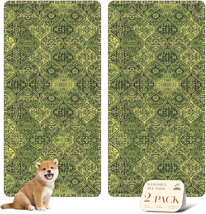 nunubaby Washable Pee Pads for Dogs, Stylish, Non-Slip and Leak-Proof Pee Pads. Reusable Potty Pads for Dogs for Crates and Floors.(Green/Multi,36" x72" )