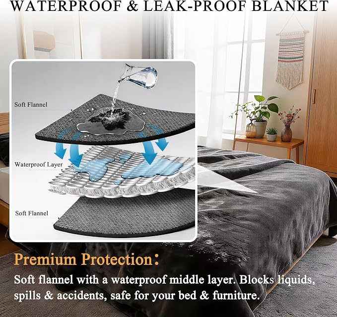 JUIN Waterproof Dog Blanket for Bed: King Size Water Proof Blanket, Gray | 100% Waterproof, Soft Double-Sided Flannel, King Size 108" x 90", Pet & Bed Protection, Machine Washable
