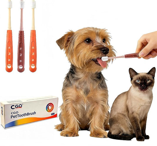 CGO Silicone 360° Toothbrush for Small Dogs & Cats - 3 Pack Round Head Pet Toothbrush, Gentle Chewable Brush with Soft Bristles, Dental Care Kit for Puppy Kitten Oral Hygiene (2 Orange, 1 Brown)