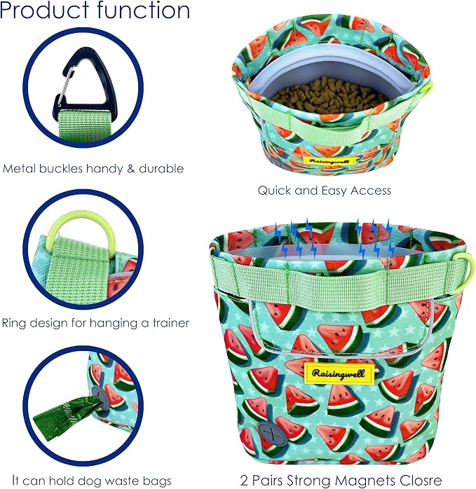 Raisingwell Dog Treat Pouch for Pet Walking and Training with Clicker 2 Cup Silicone Bag Small Fanny Pack Holder for Puppy Snack Dispenser Kit for Leash and Outdoor Use (Watermelon)