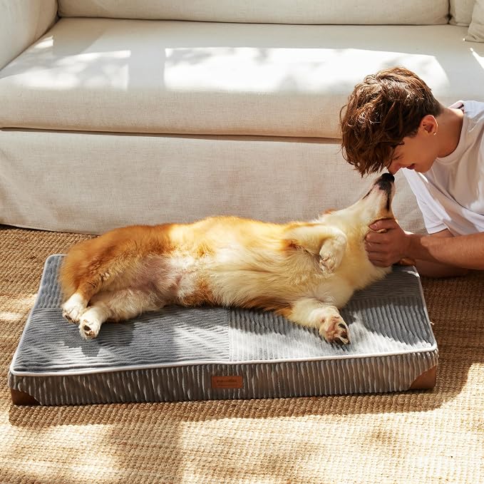 FUKUMARU Large Dog Bed, Thickened Waterproof Dog Mat with Washable Cover | Corduroy Orthopedic Dog Bed for Crate, 28D Egg Crate Foam Support Pet Mat, Cozy Flat Dog Pad with Anti-Slip Bottom