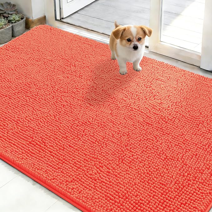 OLANLY Dog Door Mat for Muddy Paws 50x30, Super Absorbent Chenille Mud Mat | Coral, Absorbs Moisture and Dirt, Non-Slip Machine Washable Doormat, Quick-Drying Indoor Entryway Floor Carpet for Dogs