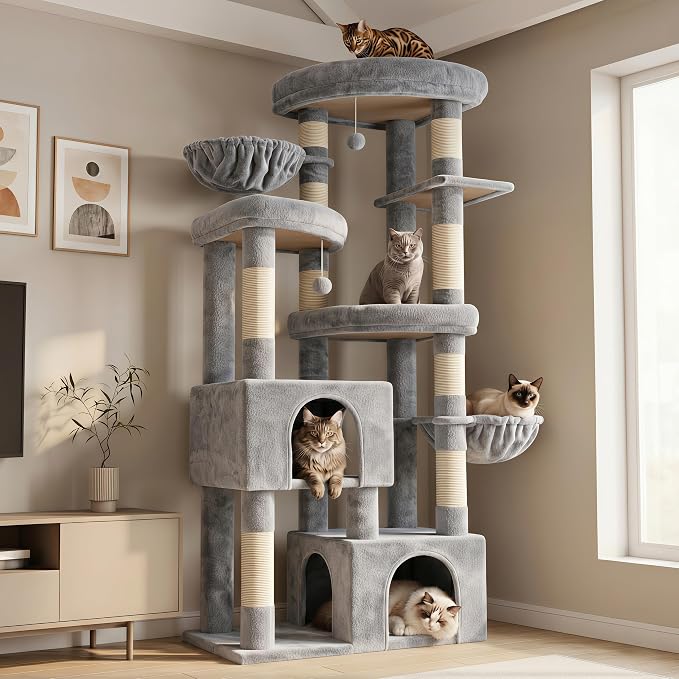 Hey-brother Cat Tree Tower with Tiered Padded Platforms, Condos, MPJ084W | 67.3 Inches Multi-Level Cat House with 9 Sisal Scratching Posts, 2 Plush Hammocks, Toy Ball for Indoor Multi-Cats, Light Gray