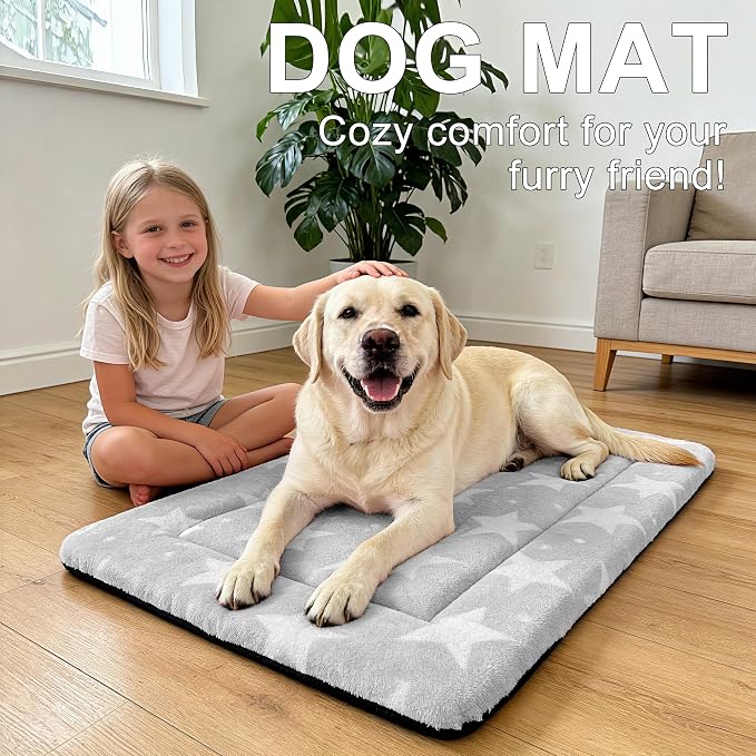 Dog Bed Mat – Soft & Comfortable Dog Kennel Pad for Crate – Durable Crate Bed & Mat for Dogs & Cats – Ideal for Crate, Kennel, and Home Use (Big&Little Stars Grey, L(35"*23"*1.5"))