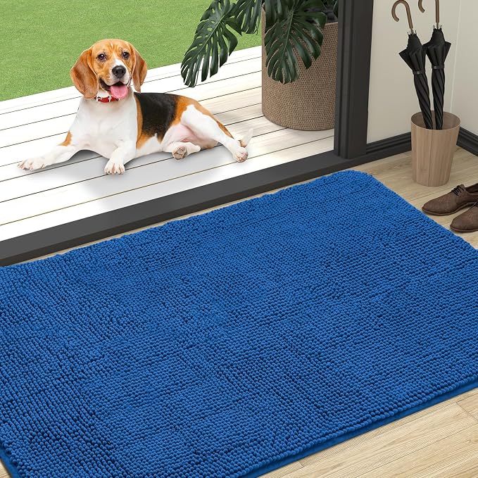 OLANLY Dog Door Mat for Muddy Paws 47x32, Super Absorbent Chenille Mud Mat | Deep Navy Blue, Absorbs Moisture and Dirt, Non-Slip Machine Washable Doormat, Quick-Dry Indoor Entryway Floor Carpet for Dogs