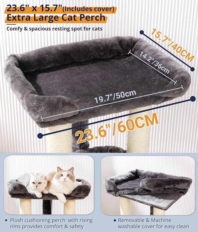 Happi N Pets 28" Cat Tree, Large Bed for Big Cats, Small Cat Tower with Soft Perch for Window Viewing, Stable Cat Tree Tower, Cat Scratching Post with Hammock, Removable Cover-Gray