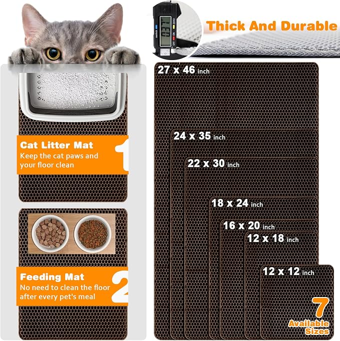 Cat Litter Mat 22"x30",Double Layer EVA litterbox Mat, Brown | Waterproof honeycomb large grid, urine-proof and odor-free. Traps litter, easy cleanup,Washable, non-slip backing