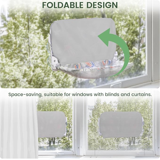 HiPetpy 2-Pack Large Cat Window Perch, Cordless Foldable Cat Hammock | Glow in the dark fabric, removable soft cover, breathable mesh, suction cups, large window cat bed for indoor cats