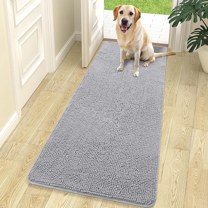 OLANLY Dog Door Mat for Muddy Paws 70x24, Super Absorbent Chenille Mud Mat | Light Grey, Absorbs Moisture and Dirt, Non-Slip Machine Washable Doormat, Quick-Drying Indoor Entryway Floor Carpet for Dogs