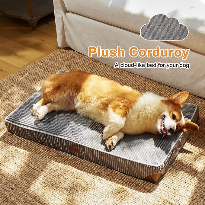 FUKUMARU Large Dog Bed, Thickened Waterproof Dog Mat with Washable Cover | Corduroy Orthopedic Dog Bed for Crate, 28D Egg Crate Foam Support Pet Mat, Cozy Flat Dog Pad with Anti-Slip Bottom