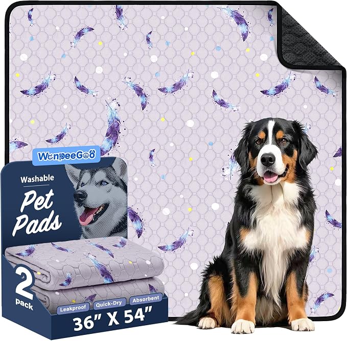 Washable Dog Pee Pads, Non-Slip Waterproof, 36 x 54 in, 2 Pack, Feather | Super absorbent, waterproof and non-slip; washable, reusable dog pads for crates, playpens, floors, furniture and travel