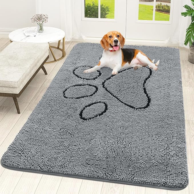 OLANLY Dog Door Mat for Muddy Paws 59x35, Paw Print Design Chenille Mud Mat | Grey, Super Absorbent, Traps Moisture and Dirt, Non-Slip Washable Doormat, Quick-Drying Indoor Entryway Floor Carpet for Dogs