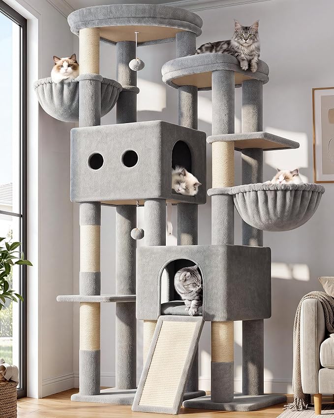 Globlazer Sturdy Cat Tower for Indoor Cats 20lbs, 76in, S76E, Light Grey | Heavy Duty Cat Tree for Adult Big Cats Maine Coon with Scratching Post, 2 Extra Large Top Perch, 2 Padded Cat Condos