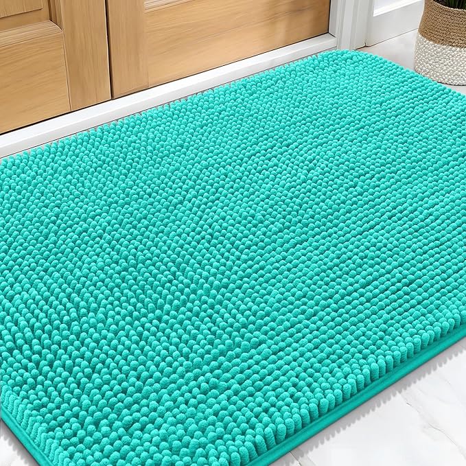 OLANLY Dog Door Mat for Muddy Paws 34x21, Super Absorbent Chenille Mud Mat | Teal, Absorbs Moisture and Dirt, Non-Slip Machine Washable Doormat, Quick-Drying Indoor Entryway Floor Carpet for Dogs