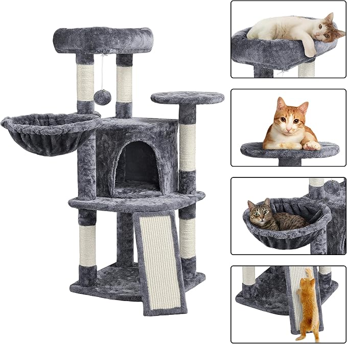 Topeakmart Cat Tree, 42in Multi-Level Cat Furniture with Perch, Scratching Posts, Hammock & Condo, Dark Gray