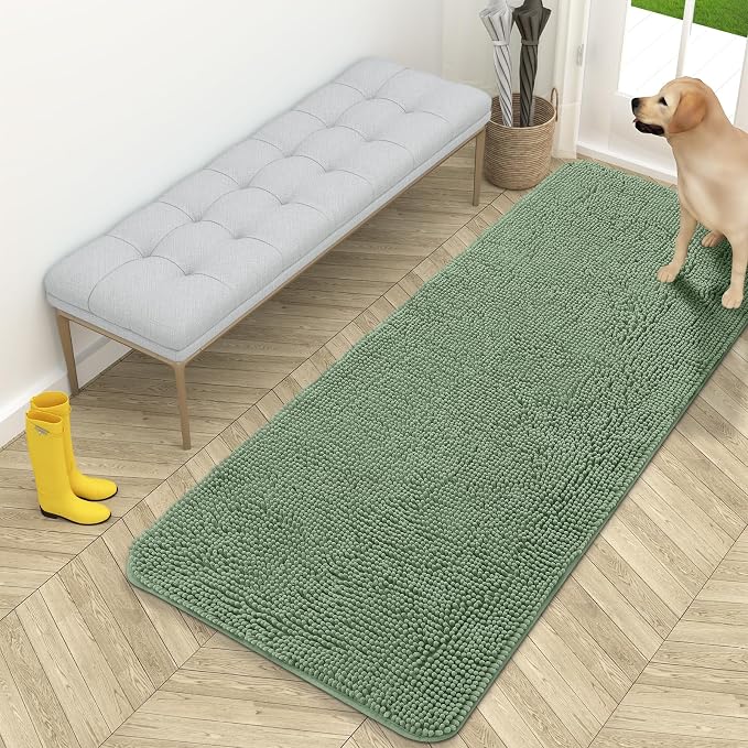 OLANLY Dog Door Mat for Muddy Paws 59x24, Super Absorbent Chenille Mud Mat | Olive Green, Absorbs Moisture and Dirt, Non-Slip Machine Washable Doormat, Quick-Drying Indoor Entryway Floor Carpet for Dogs
