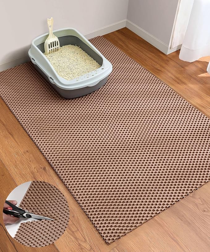 Cooyes Cat Litter Mat - Cut to Fit Any Place, 47"x35" Extra Large Litter Trapping Mat for Litter Box, Easy to Clean, Waterproof & Non-Slip Kitty Pad, Scatter Control to Protect the Floor (Khaki)